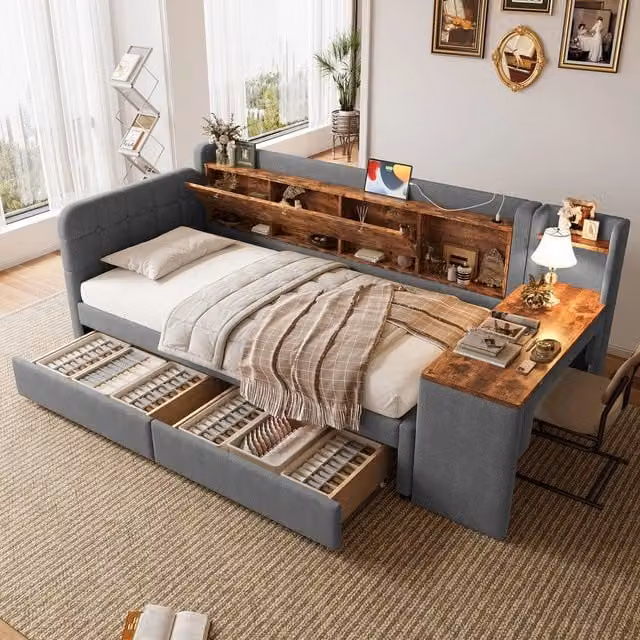 Letto Singolo Divano con 2 Cassetti e Scrivania ¨C MINIMAL ¨C Tessuto Grigio 90x200