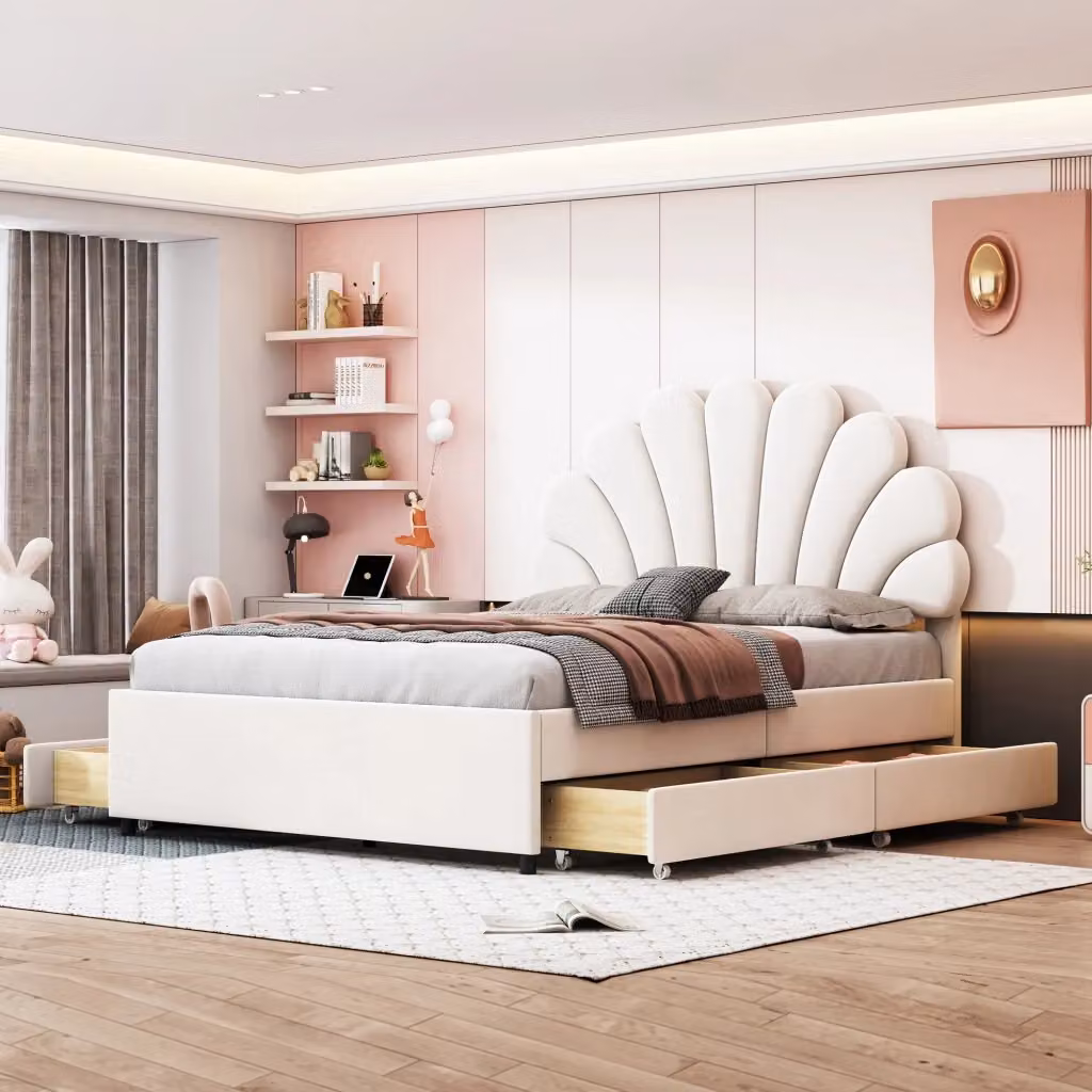 Letto Matrimoniale Chicfurn con 4 Cassetti e Testiera Floreale in Velluto Beige L/P/H: 140 x 200 x 116 cm – 2
