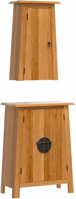 Set Mobili da Bagno Vintage in Legno di Pino Marrone con Armadio a Parete e Mobile Laterale – 1