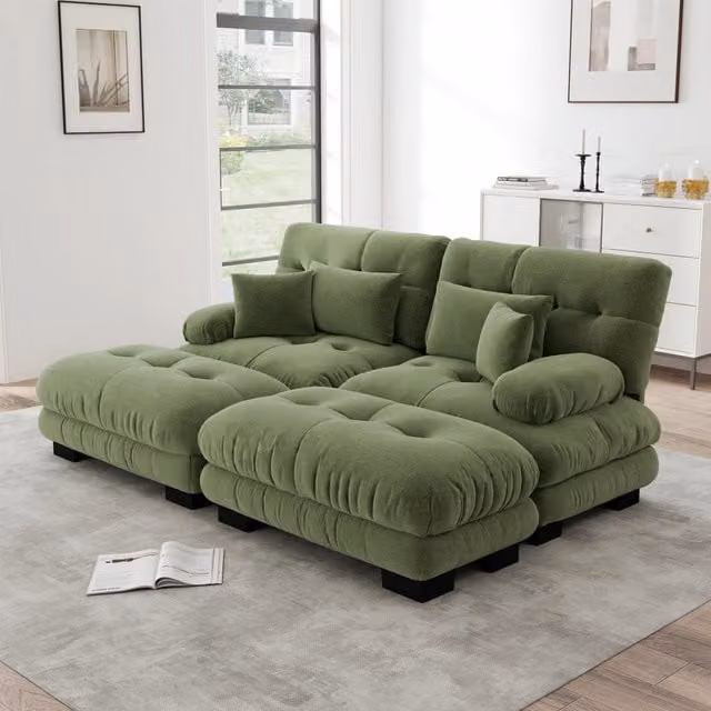 Divano modulare con pouf mobili in ciniglia verde