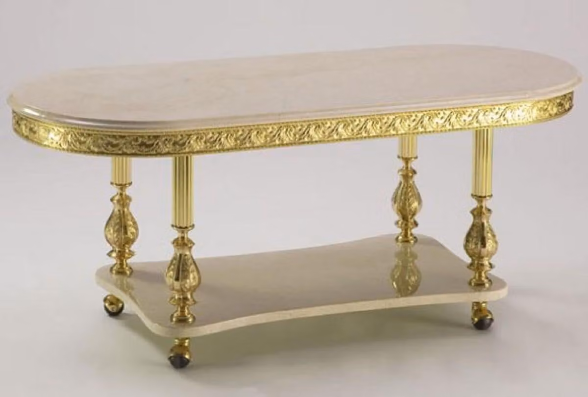 Casa Padrino Tavolino barocco crema/oro 120 x 50 x h. 43 cm - Tavolino ovale da salotto in stile barocco con piano in marmo e rotelle - Mobili barocchi - Qualità lusso - Italy