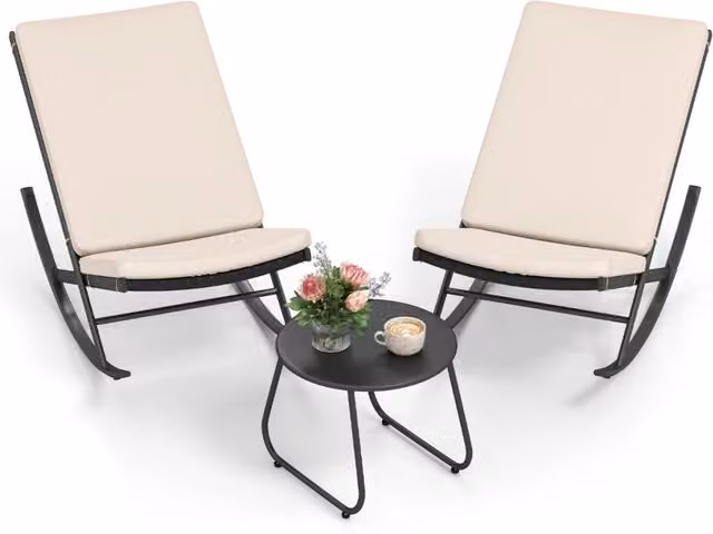 Set sedie a dondolo da 3 pezzi in rattan PE con tavolino da caff¨¨ e cuscini spessi, Set di mobili da giardino Beige