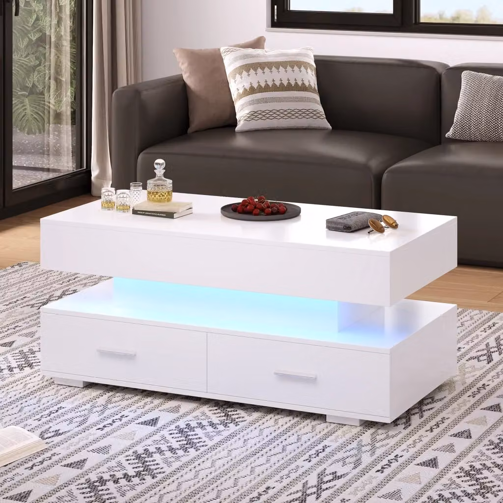 Tavolino da caffè sollevabile idraulico WISHDOR bianco con LED, APP Bluetooth, 2 cassetti e vano aperto L/P/H: 100 x 50 x 44 cm – 2