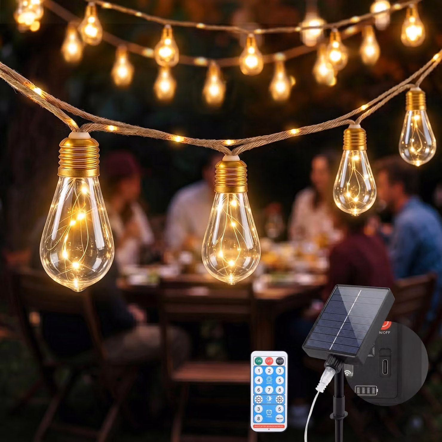 Catena luminosa solare, corda in canapa, 5 metri, 10 lampadine LED, 8 modalità, resistente alle intemperie