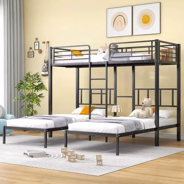 Letto a castello triplo ULEVR 90x200 cm con scala, barriera di sicurezza e ripiano laterale, metallo nero