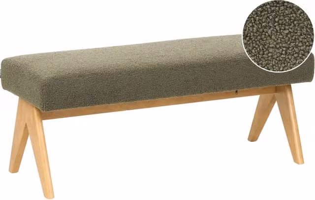 Panca Beliani in tessuto bouclé verde e beige con gambe in legno di gomma oliato per camera da letto o corridoio L/P/H: 118 x 46 x 48 cm