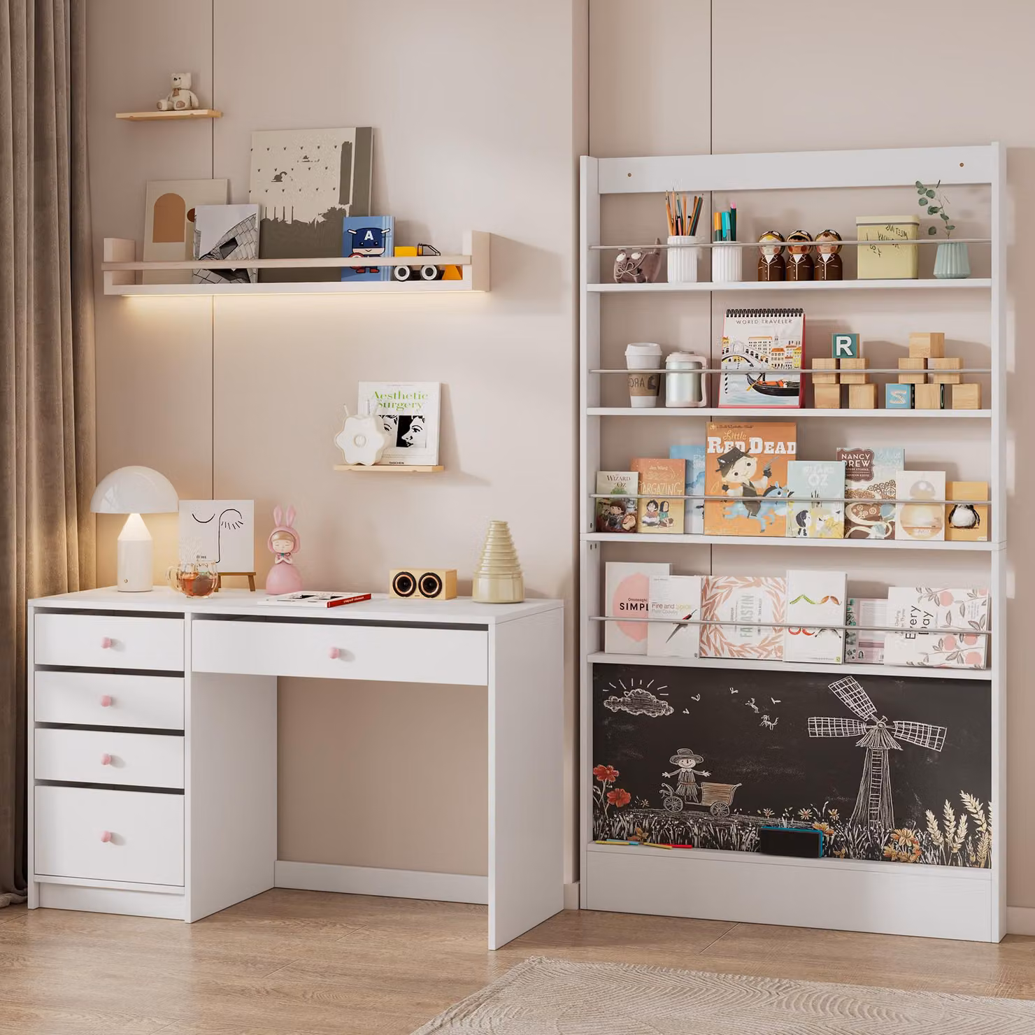 Combinazione scrivania + libreria per quadri MODFU, mobili per la sala di scrittura con cassetti portaoggetti e ripiano nero, bianco