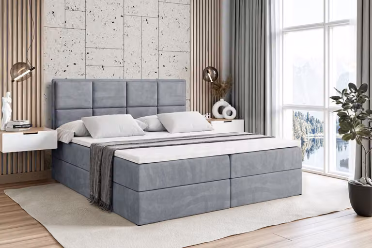 Letto boxspring ALTDECOR con materasso H3 e topper - 200 x 200 cm - NOVA - Velluto grigio - Letto imbottito con contenitore e rete a doghe, letto con spazio contenitivo