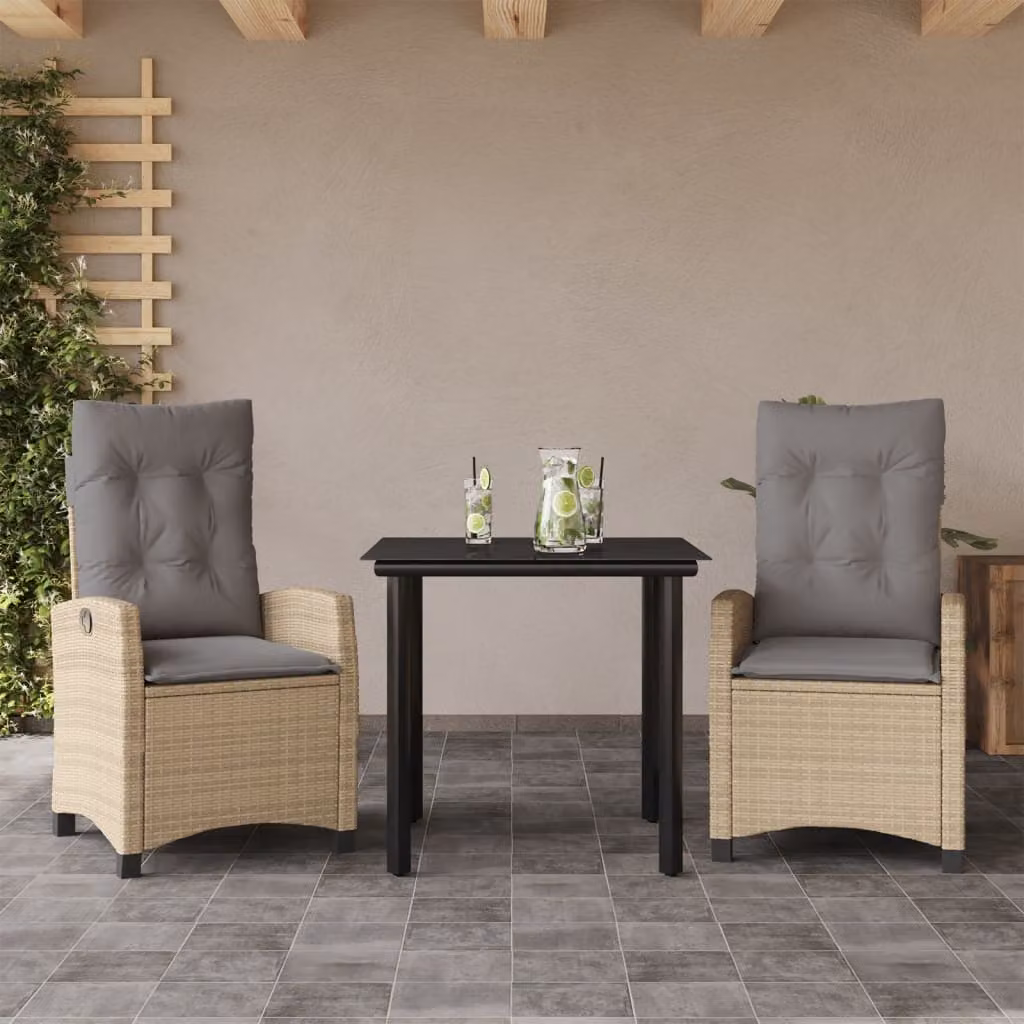 Set Pranzo da Giardino vidaXL in Polyrattan con Cuscini Beige Misto e Tavolo in Vetro – 1