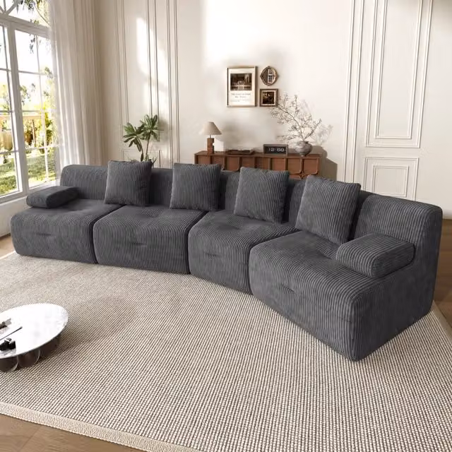 Divano modulare 4 posti 311x90x65 cm con 4 moduli indipendenti in velluto a coste grigio scuro