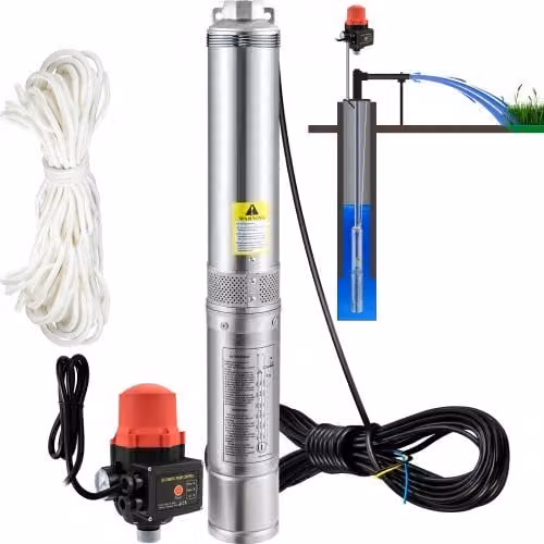 Pompa Sommersa per Pozzo VEVOR in Acciaio Inox Argento, 750W, Flusso 105L/min, 230V, Prevalenza Max. 62m con Controllo Automatico per Piscina, Giardino e Orto