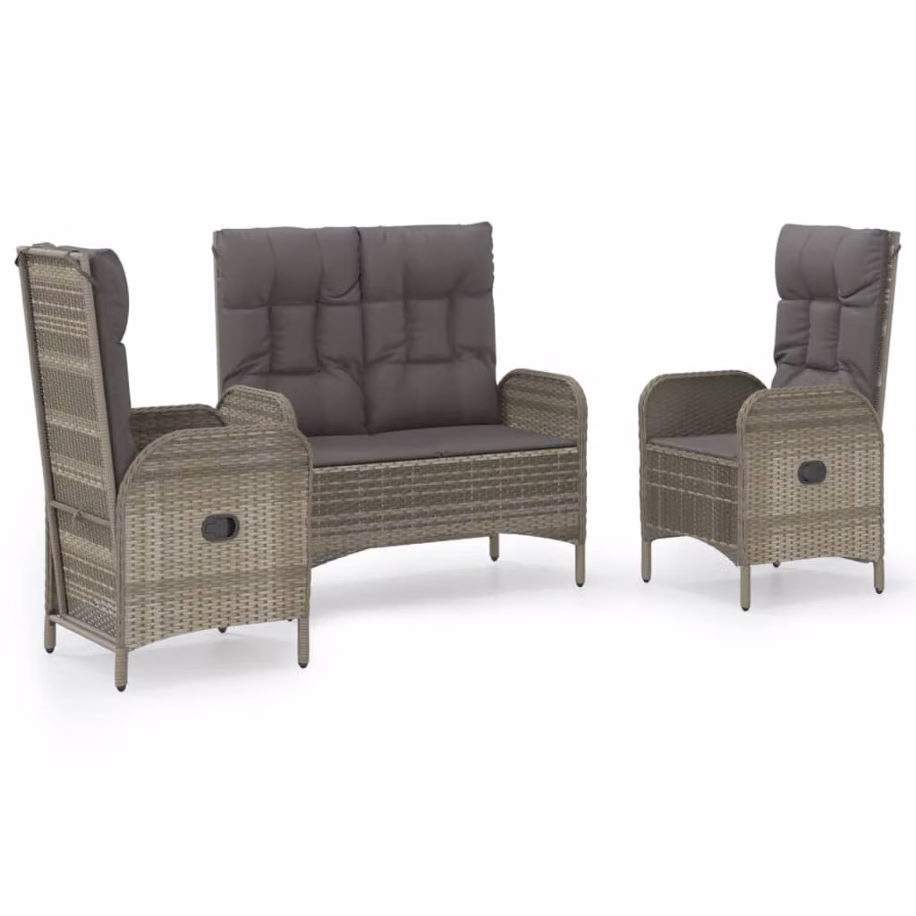 Set da Pranzo da Giardino 3 pz con Cuscini in Polyrattan Grigio