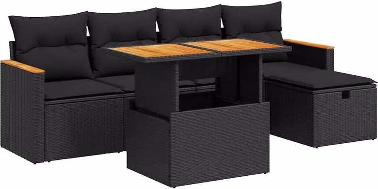 Set Divano da Giardino 6 pz con Cuscini Nero in Polyrattan