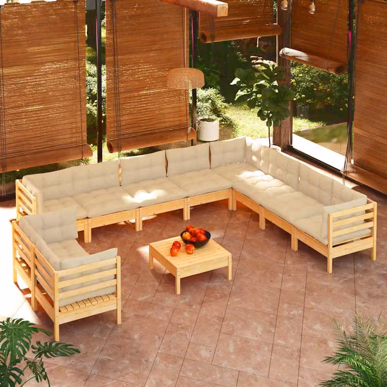 Set Divani da Giardino vidaXL 11 pz in Legno di Pino Trattato con Cuscini Beige e Forma a L