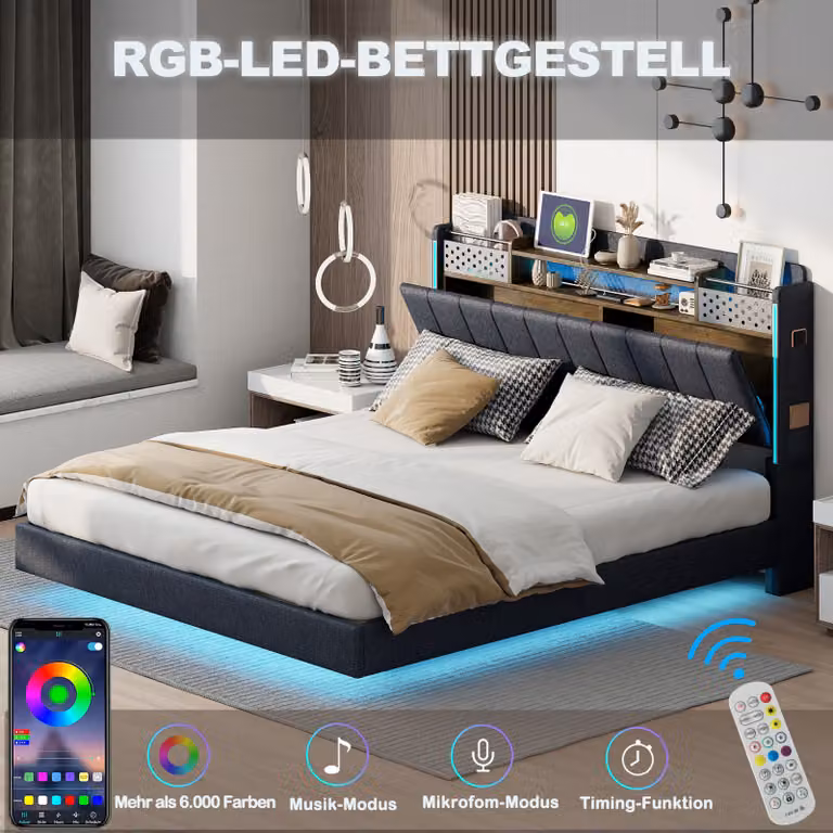 MODFU letto matrimoniale imbottito 140x200 con materasso, letto con cassetto USB, letto per ragazzi con luce LED, testata con vano contenitore, grigio