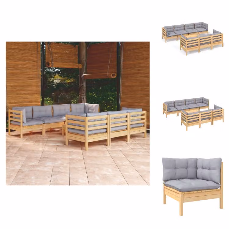 vidaXL Set di 8 pezzi da giardino con cuscini grigi in pino massiccio - Set di mobili da giardino