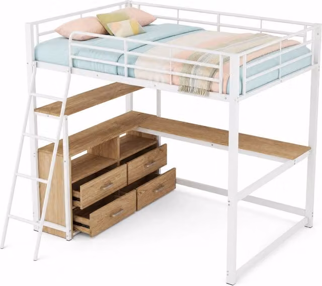 Letto a castello REDOM bianco con scrivania e cassetti in MDF e metallo L/P/H: 200 x 140 x 199 cm