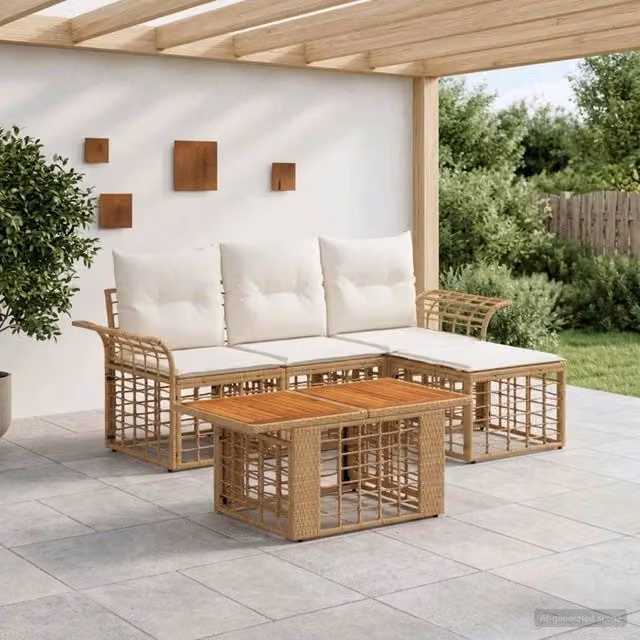 Set Divano da Giardino 5 pz Naturale e Bianco Crema polyrattan 3437972