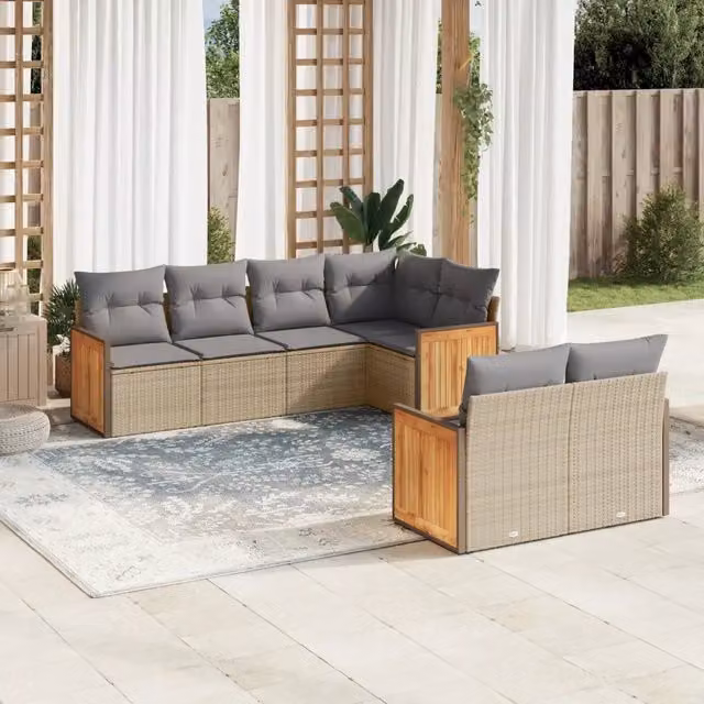 Set Divani da Giardino 7 pz con Cuscini Beige in Polyrattan 3227823