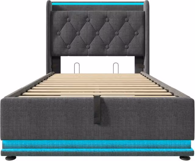 Letto contenitore singolo con materasso ibrido e illuminazione LED, dotato di porte USB e Type-C, testiera imbottita in tessuto, colore grigio, L/P: 90 x 200 cm – 1