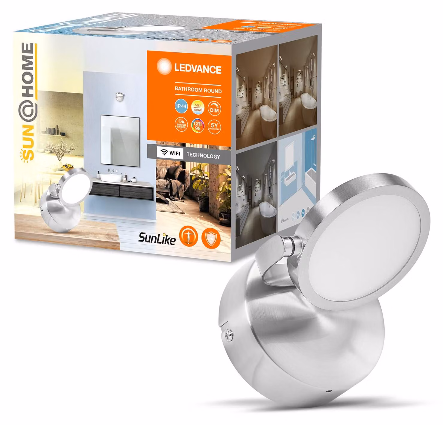 LEDVANCE SUN@HOME lampada da bagno 110mm IP44, 7,5W, 520lm, luce bianca regolabile (da 2200K a 5000K), a variazione continua, dimmerabile, adatta automaticamente la luce al bioritmo, classe di protezione IP44, cromo