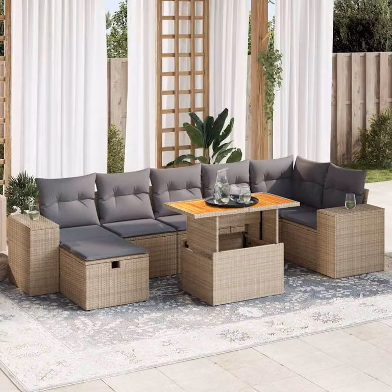 Set Divano da Giardino a L vidaXL in Polyrattan e Legno di Acacia con 5 Pezzi e Cuscini Beige