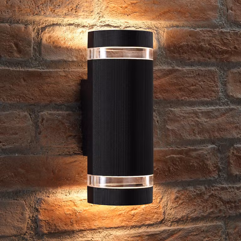 Lampada da parete orientabile verso l'alto e verso il basso, in alluminio e vetro, con 2 luci LED da 7W ciascuna, temperatura di colore 3000K, grado di protezione IP54