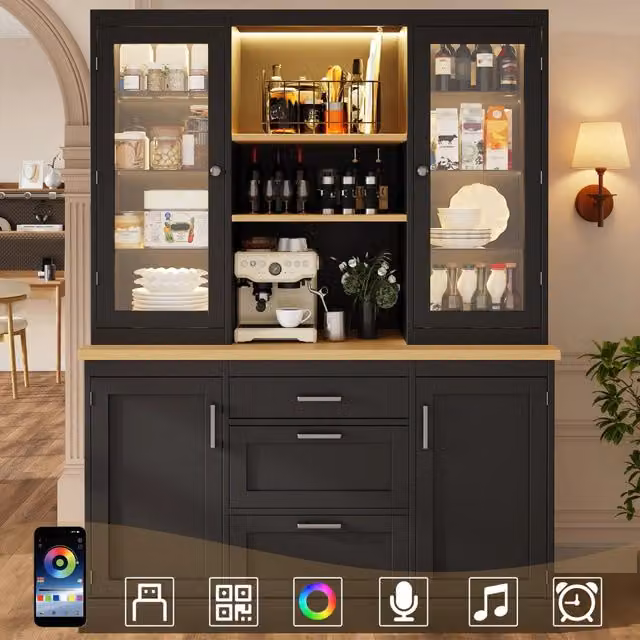 Mobile da cucina con piano di lavoro, 3 cassetti, ripiani regolabili e illuminazione LED controllata via app, 185x140x40 cm, Nero/Bianco/Verde