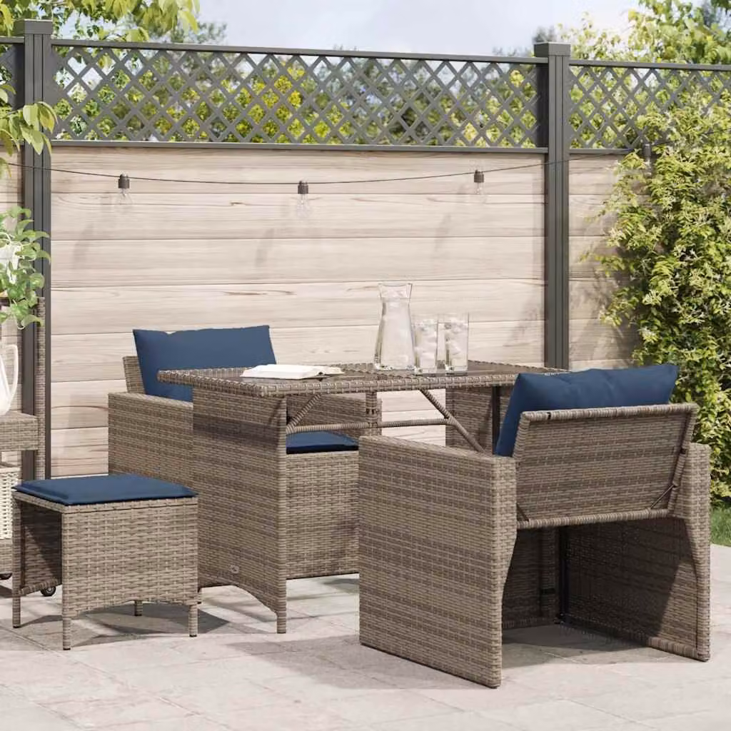 Set da giardino vidaXL 4 pezzi in rattan con cuscini blu e struttura in metallo grigio per 4 persone