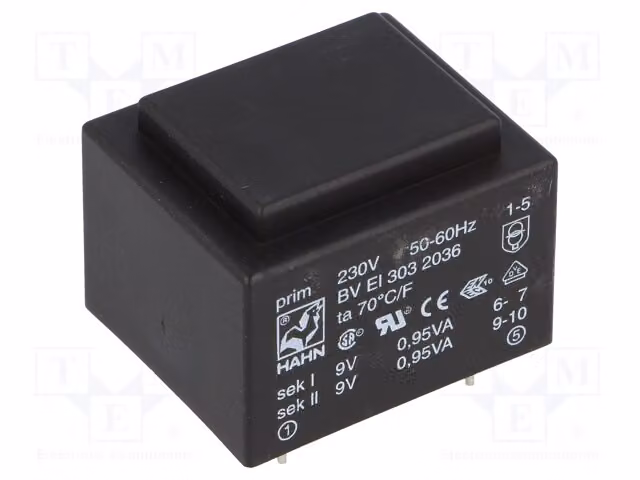 1 trasformatore: rivestito, 105mA, 105mA, 230VAC, 1,9VA, 9V, 9V, 81g, BV, EI 303, 2036 -Tr