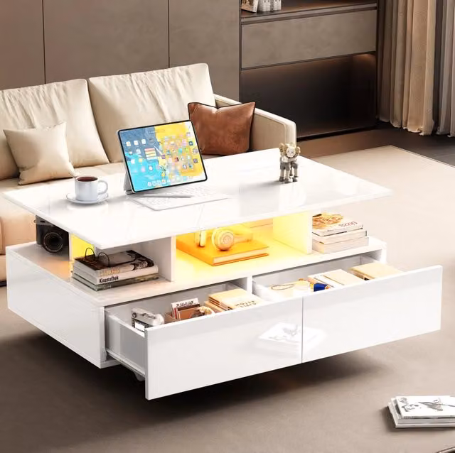 Tavolino da salotto moderno MODFU bianco lucido con 2 cassetti L/P/H: 90 x 55 x 41 cm