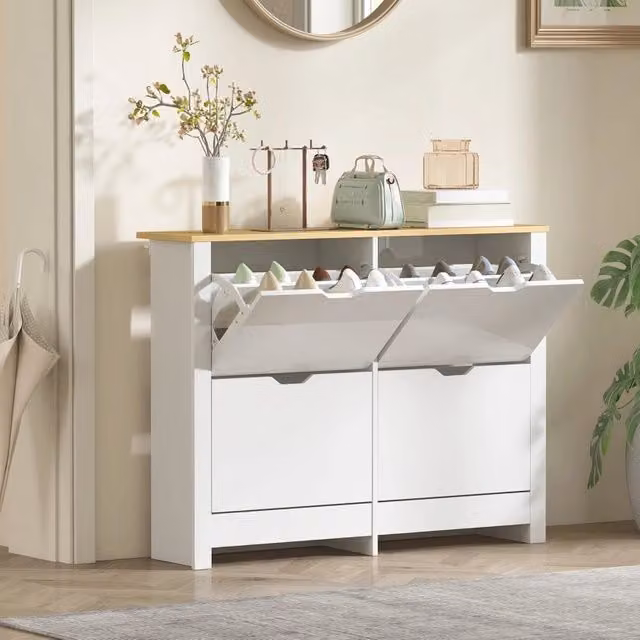 Scarpiera salvaspazio OKWISH con 4 ante ribaltabili e piano d'appoggio per ingresso, in legno bianco opaco, L: 105 cm, P: 26 cm, H: 80 cm