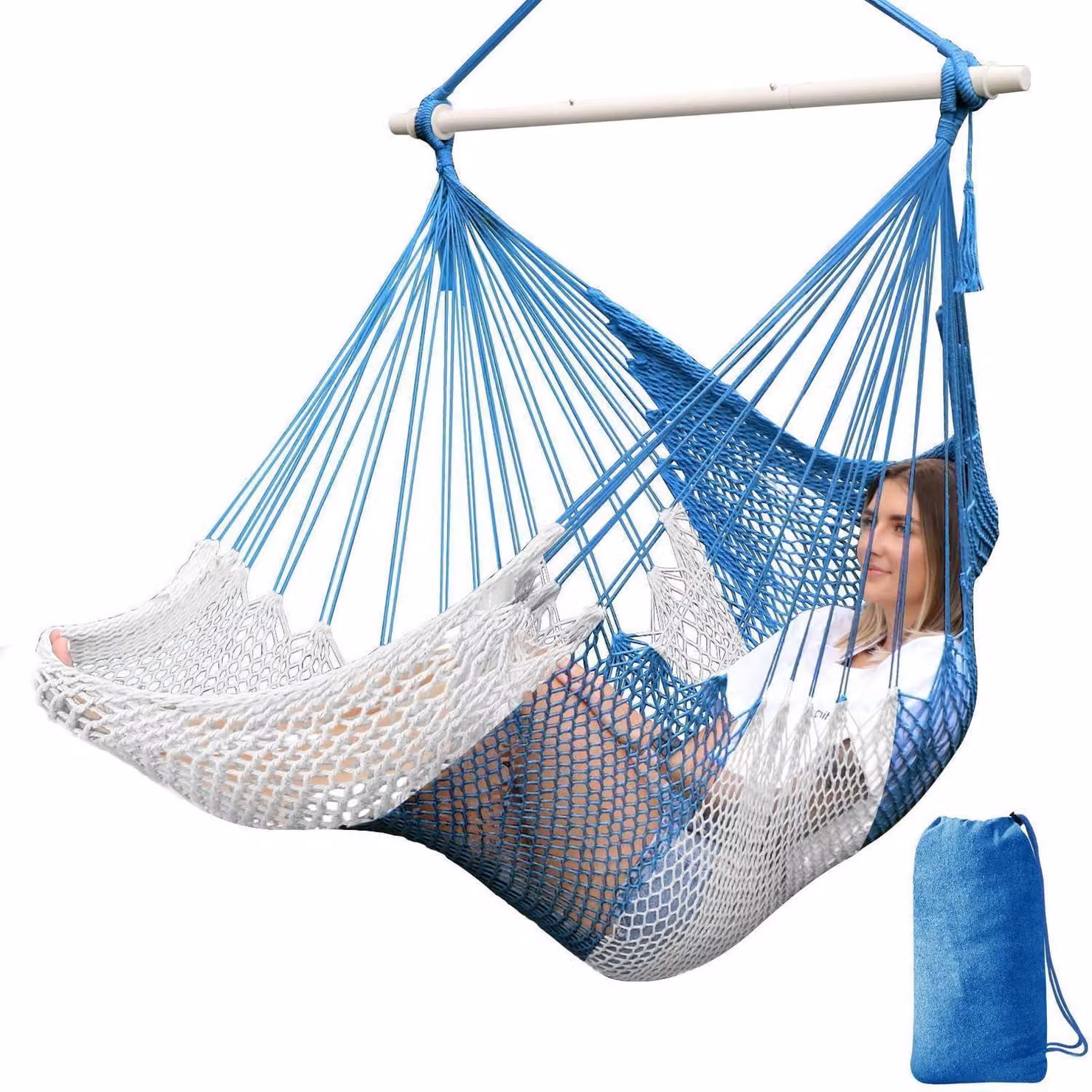 Sedia a dondolo sospesa, realizzata a mano con rete in cotone e corda, colore blu/bianco, dimensioni 240x80 cm