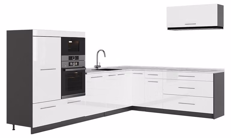 Cucina angolare completa Vicco Fame-Line Bianco lucido/Antracite 327 x 227 cm, PL Marmo, Model 64374