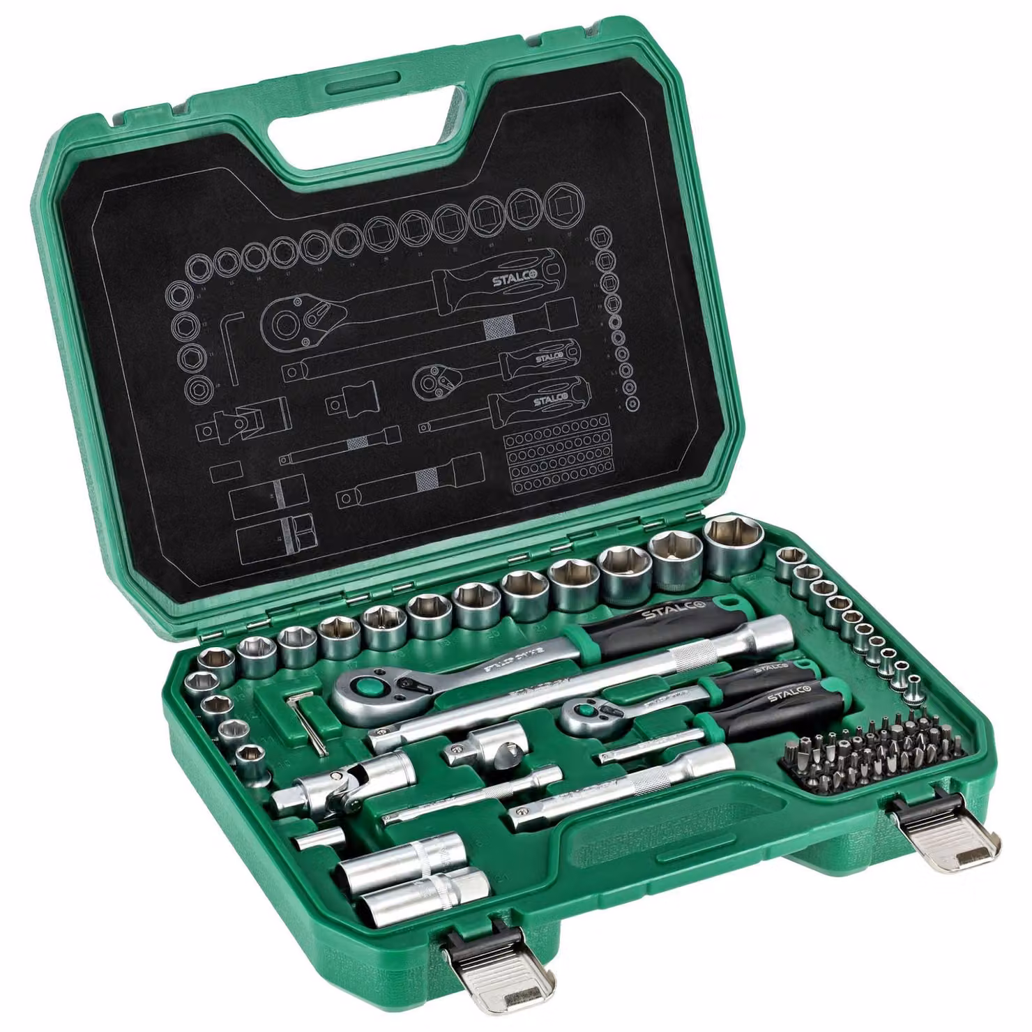 Set di chiavi a bussola 1/2˝ e 1/4˝, valigetta BMC, 84 pezzi, con cricchetto a 90 denti. Chiavi a bussola STALCO S011100084