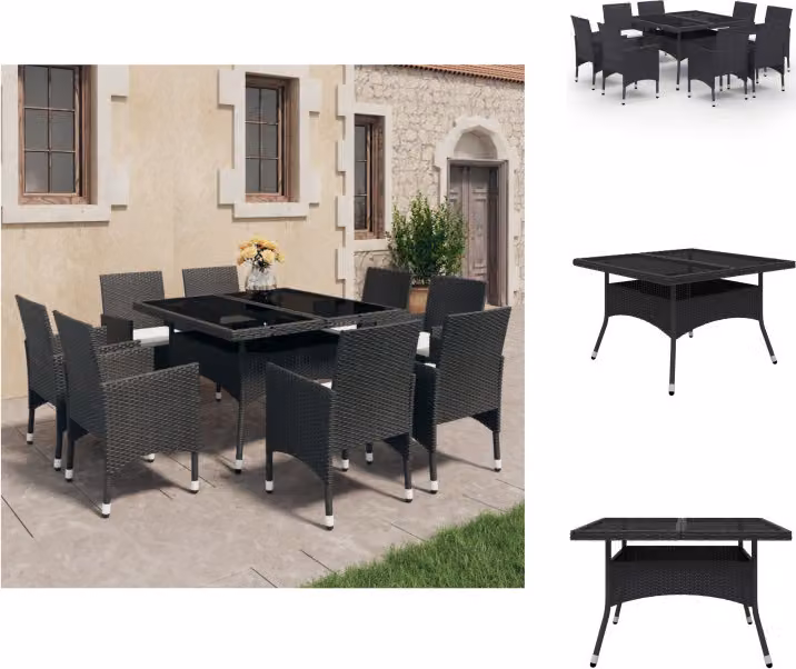 vidaXL Set da pranzo da giardino 9 pezzi in rattan e vetro nero - Set di mobili da giardino