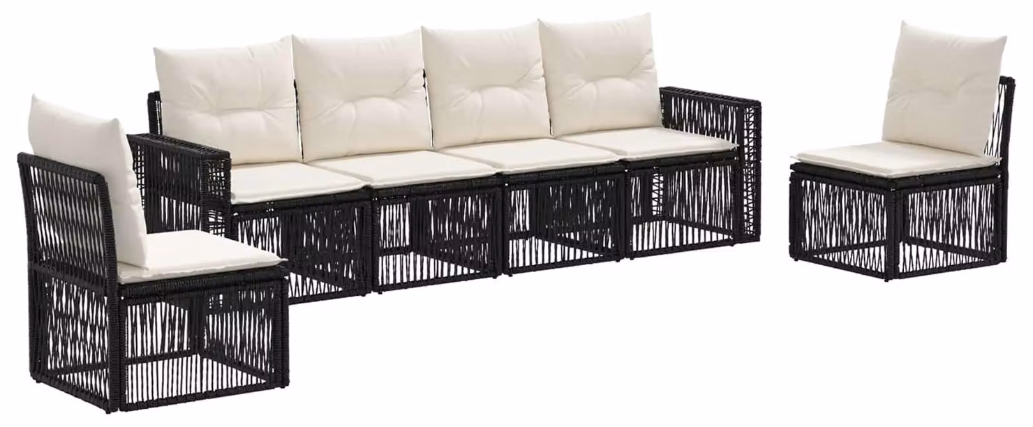 Set di divani da giardino, 6 pezzi, colore nero e crema, in rattan sintetico