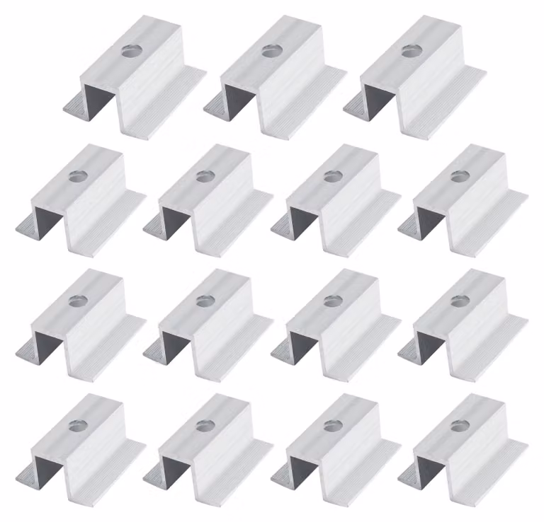 15 morsetti centrali in alluminio per moduli fotovoltaici, altezza 30-50 mm, per profili da 20 mm
