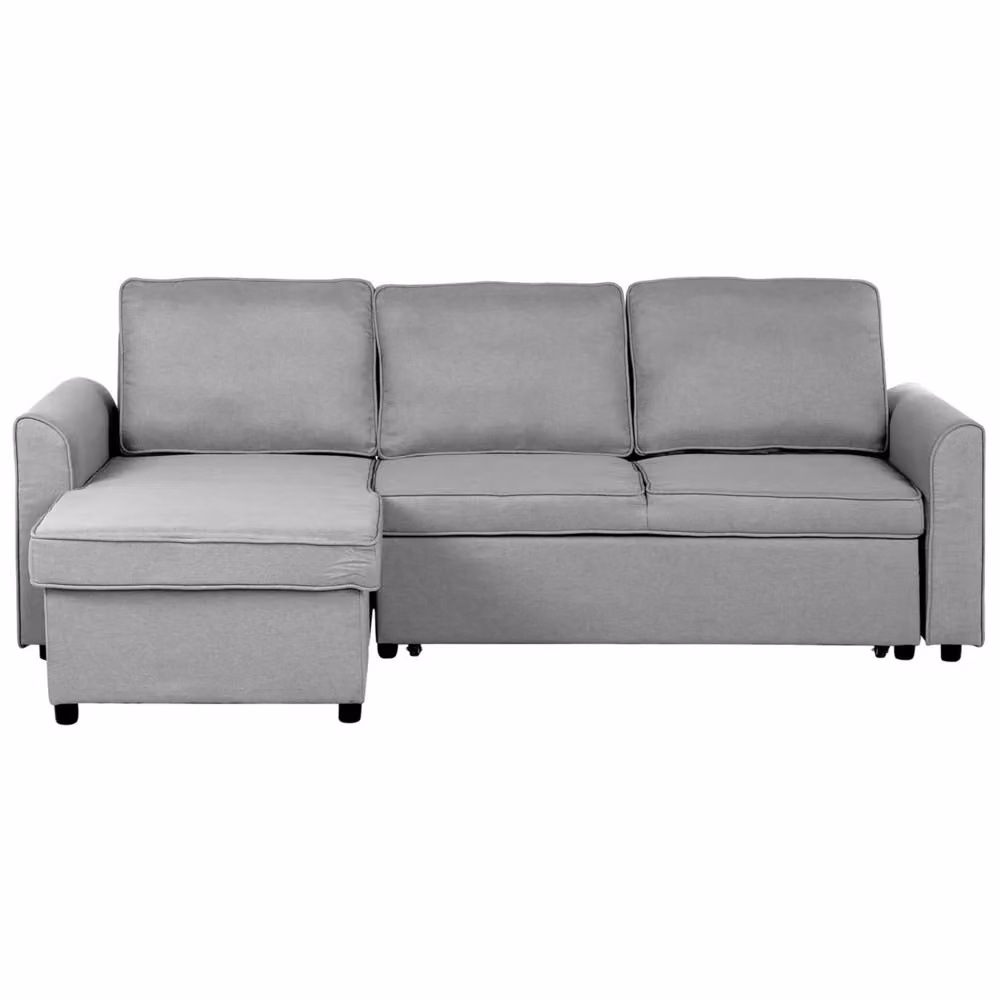 Divano letto ad angolo Beliani in tessuto grigio con contenitore e orientamento a destra L 228 cm x P 145 cm x H 84 cm – 2