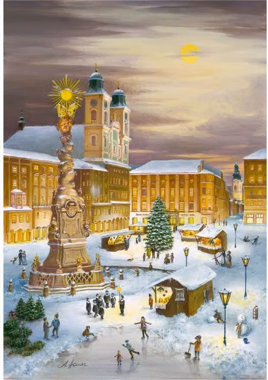 Calendario dell'Avvento di Linz con motivo artistico e torta di Linz