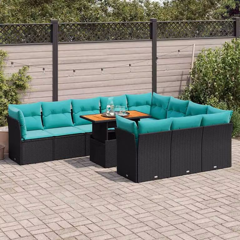 vidaXL Set Divani da Giardino 11 pz in Polyrattan Nero con Cuscini Blu e Struttura in Legno di Acacia Oliato