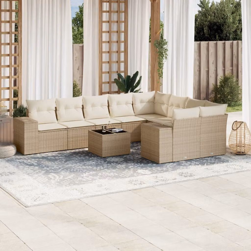 vidaXL Set Divano da Giardino 10 pz in Polyrattan con Cuscini Beige e Tavolino da Esterno – 1