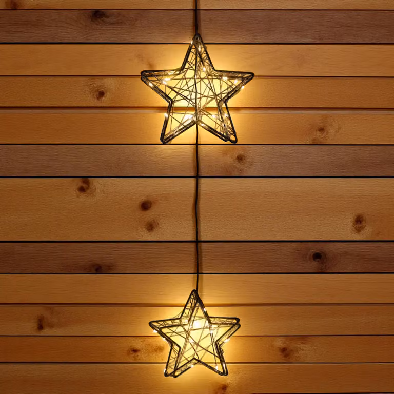 Stella illuminata in metallo nero set di 2 per esterni con timer a batteria - 35 LED - Stella di Natale a filo da appendere illuminata di bianco caldo
