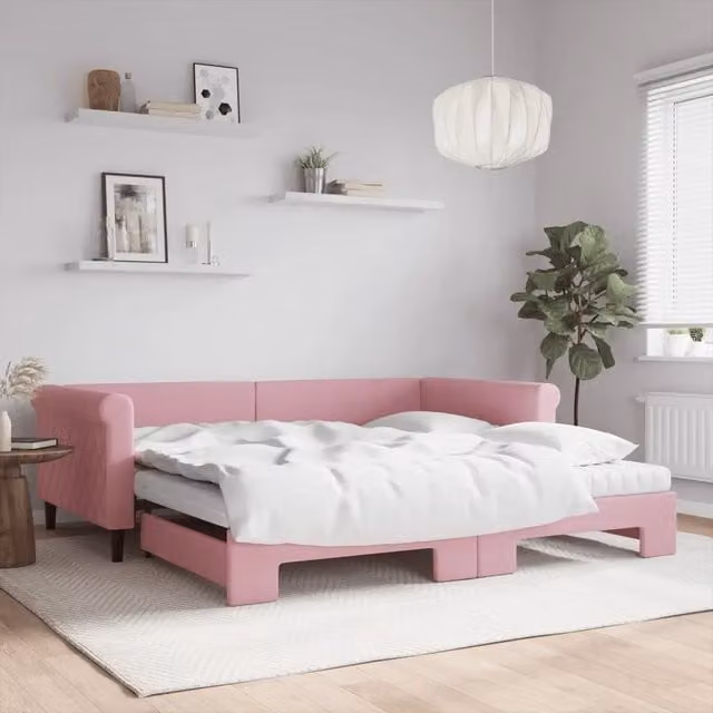 Divano Letto Estraibile vidaXL in Velluto Rosa con Materasso in Schiuma, L/P/H: 229 x 110 x 68 cm, Dimensioni Materasso: 100 x 200 cm – 1