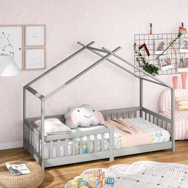 Letto casetta per bambini 90 × 200 cm con barriera di sicurezza e spazio sottostante, senza materasso, grigio