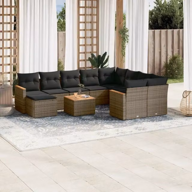 Set di divani da giardino VIDAXL in polyrattan grigio con cuscini, composizione a L da 11 pezzi