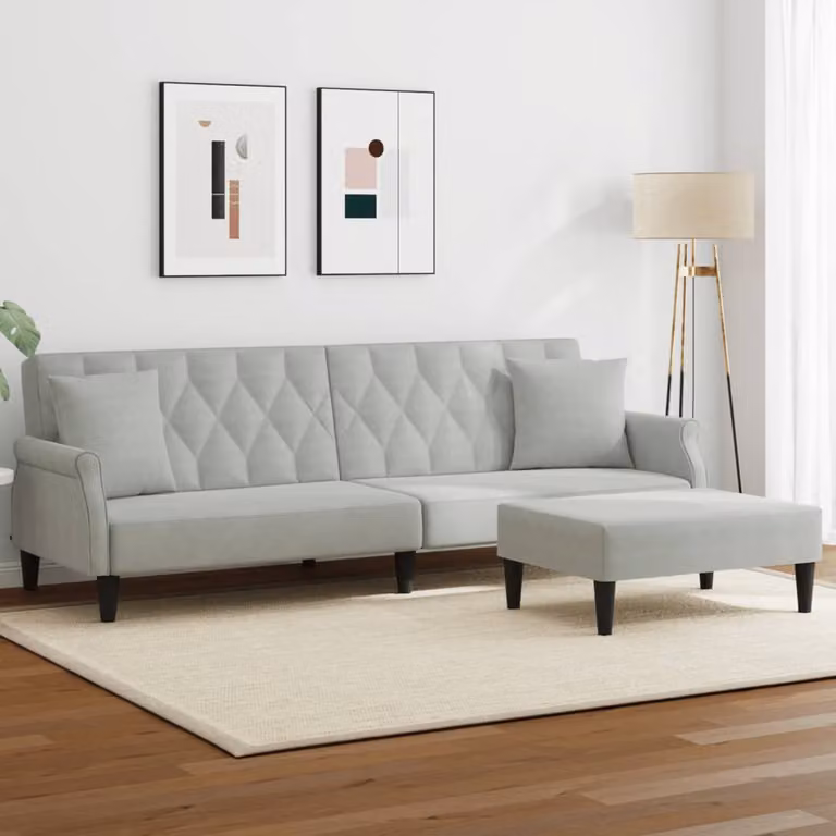 vidaXL Divano Letto 2 Posti Click-Clack in Velluto Grigio con Cuscini e Poggiapiedi, Struttura in Legno Massello e Poggiapiedi Coordinato, L: 216 cm, P: 70 cm, H: 84,5 cm