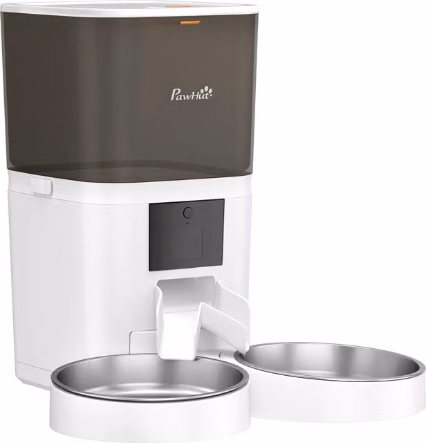 Distributore Automatico di Cibo per Gatti PawHut Bianco con Controllo WiFi 2.4G tramite App, Timer per 1-10 Pasti al Giorno, Registratore di 10s e 2 Ciotole in Acciaio Inox, Capacità 6L – 1