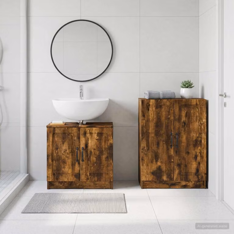 Set di 2 mobili da bagno moderni vidaXL UTRECHT in legno Rovere Fumo marrone con base e mobile laterale