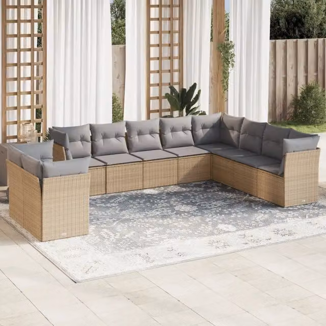 Set Divano da Giardino Moderno VIDAXL in Polyrattan con Cuscini Beige, 10 Pezzi